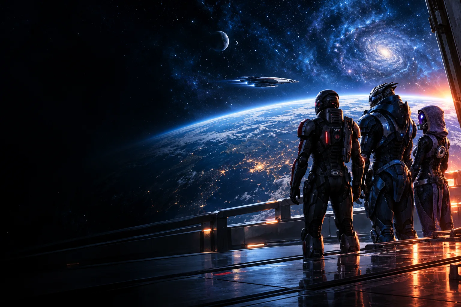 Unofficial AI-generated fan art of Shepard, Garrus and Tali overlooking a blue planet