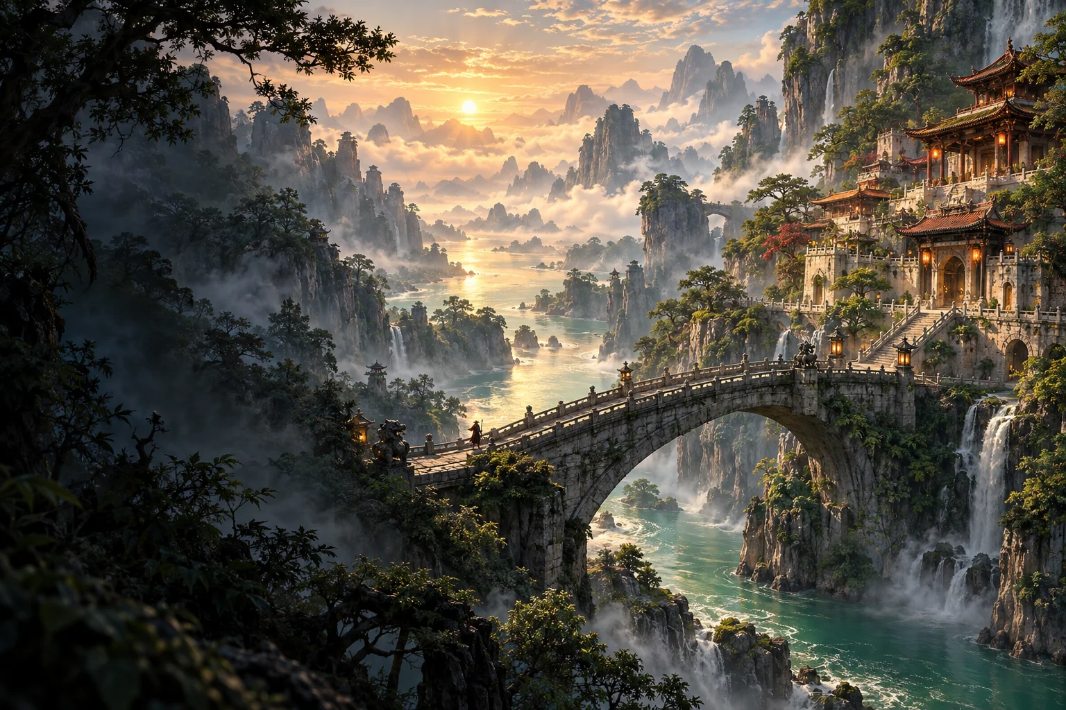 Original imagined mountain monastery and bridge above a misty river at dawn; an AI-generated visual tribute, not a Jade Empire game location